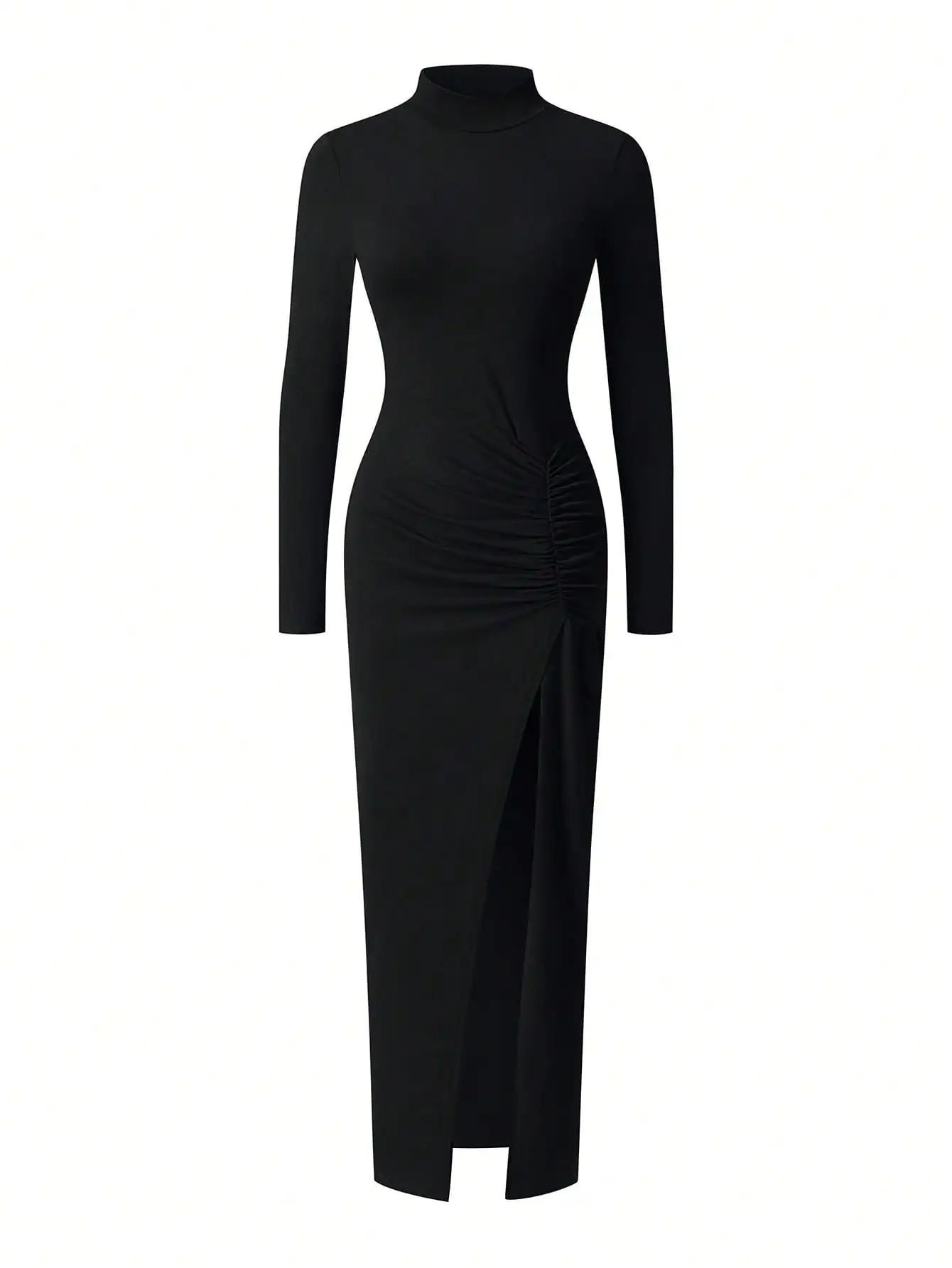 Women's Long Dress With Ruched High Neck, Slimming Elegant Twist Design, Long Sleeve Casual - Image 3